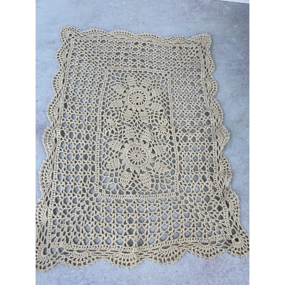 Vintage Beige Handmade Crochet Scalloped Trim Rectangular Tablecloth - 17" x 12"